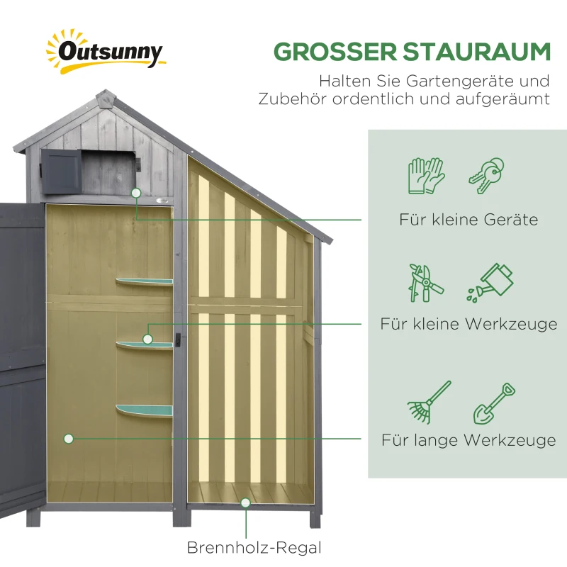 Outsunny tuinhuis gereedschapshuis gereedschapsschuur met opslagruimte voor brandhout gereedschapsschuur met 3 planken, grijs,130 x 54,5 x 180 cm