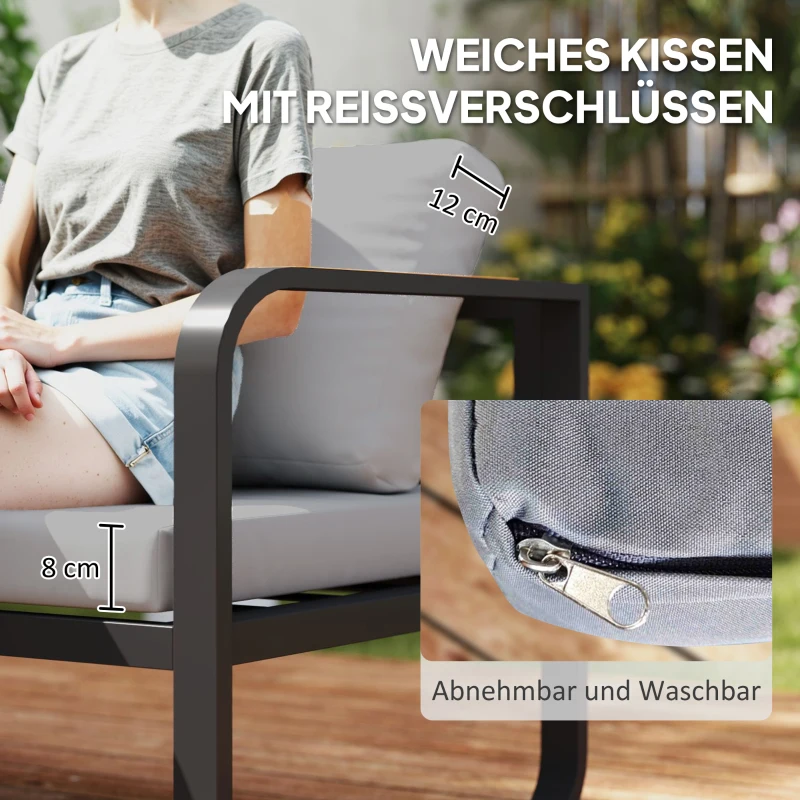 Outsunny L-vorm tuinset weerbestendig metaal zitgroep voor 5 personen tuinlounge met 2- en 3-zitsbank, kussens en bijzettafel, outdoor balkonmeubel-set terrasmeubel voor tuin en balkon, grijs