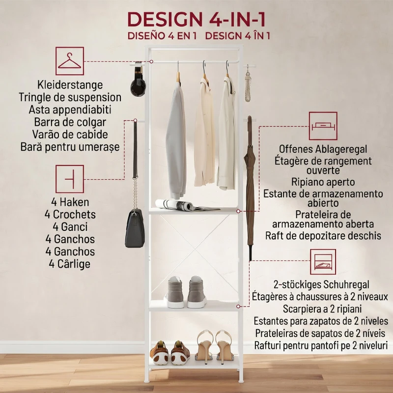 HOMCOM Cuier cu suport pentru pantofi pe 2 niveluri, bară pentru haine, 4 cârlige, raft superior, 52x30x180 cm, alb