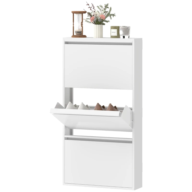 HOMCOM Metalen schoenenkast met 3 klapladen, slank ontwerp, wandmontage, voor 6 paar schoenen, wit