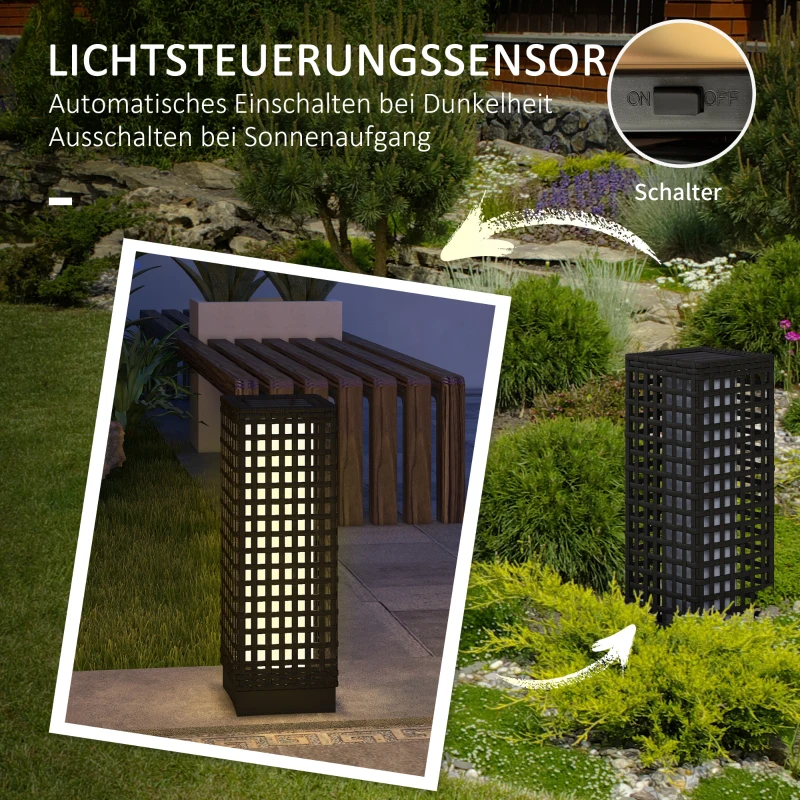 Outsunny Buitenlantaarn met zonnepaneel, automatische inschakeling, 8 uur bedrijfstijd, rotanlook, staal, 15,5 x 15,5 x 46 cm, zwart