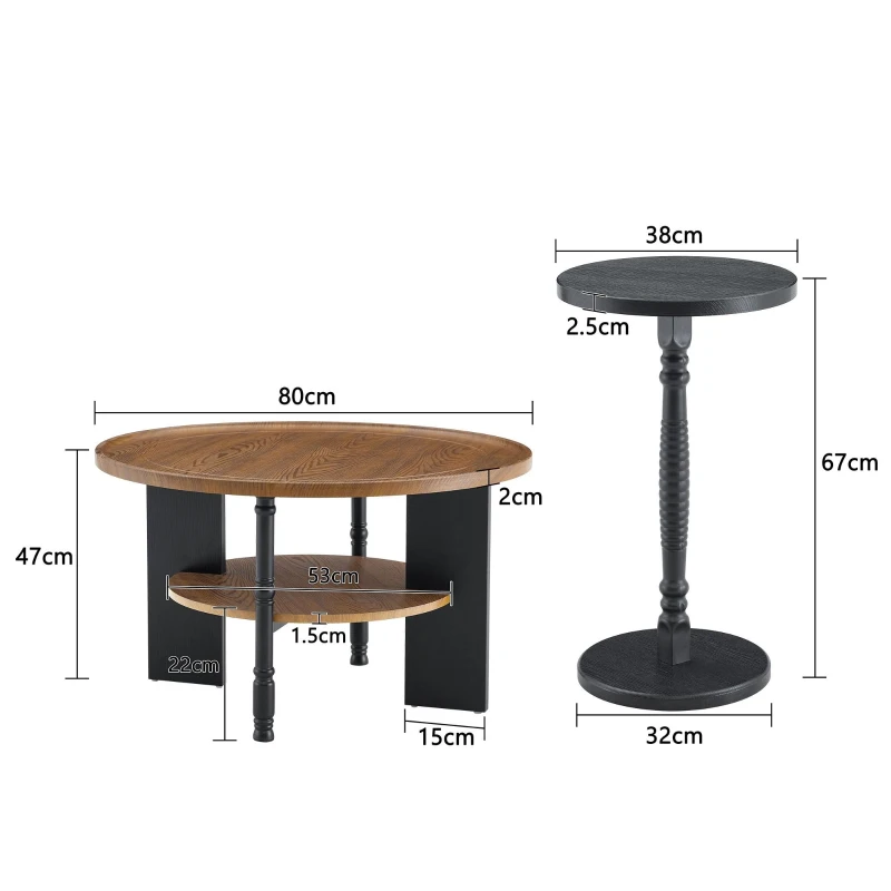 Set de 2 tables basses rondes, rayures et à l'humidité, bords arrondis, 80x80x47 cm, Noyer+Noir