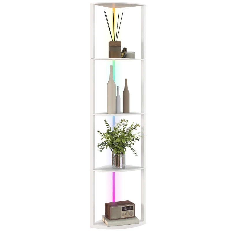 HOMCOM RGB LED Floor Lamp with Shelves, 4-Tier Dimmable Standing Lamp with Adjustable Brightness and Remote Control, Modern Corner Display Shelf Unit for Living Room Bedroom Office, White
