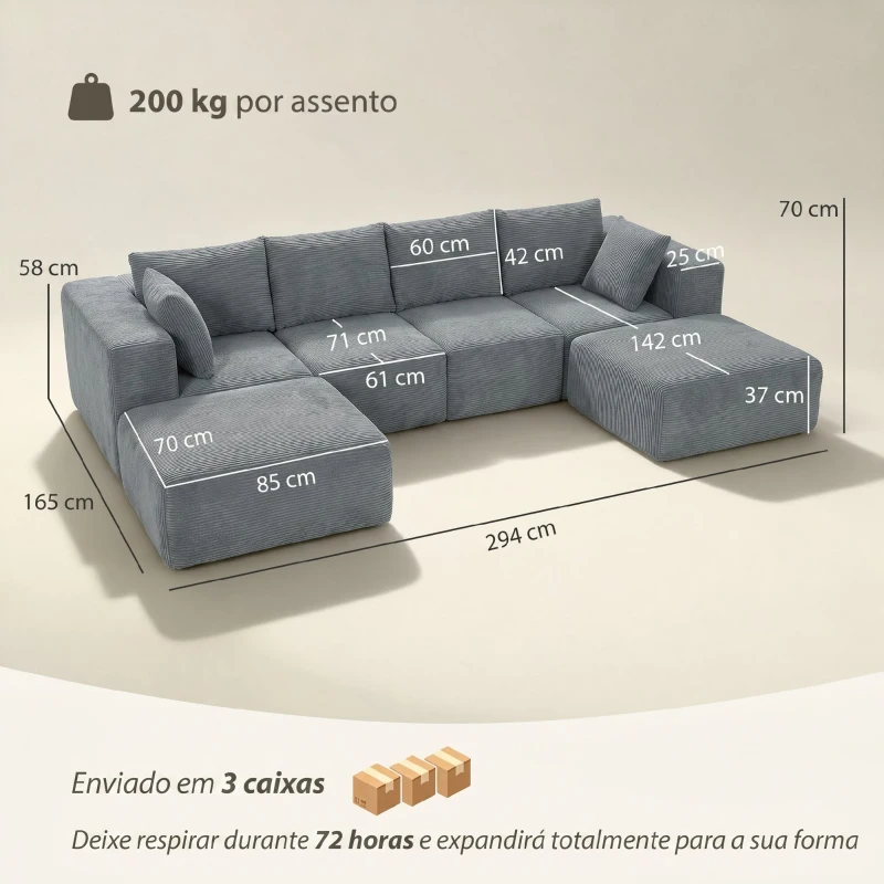 HOMCOM Sofá Seccional em Forma de U Sofá Modular com 2 Otomanos 2 Almofadas Braços Largos Sem Montagem Cinzento