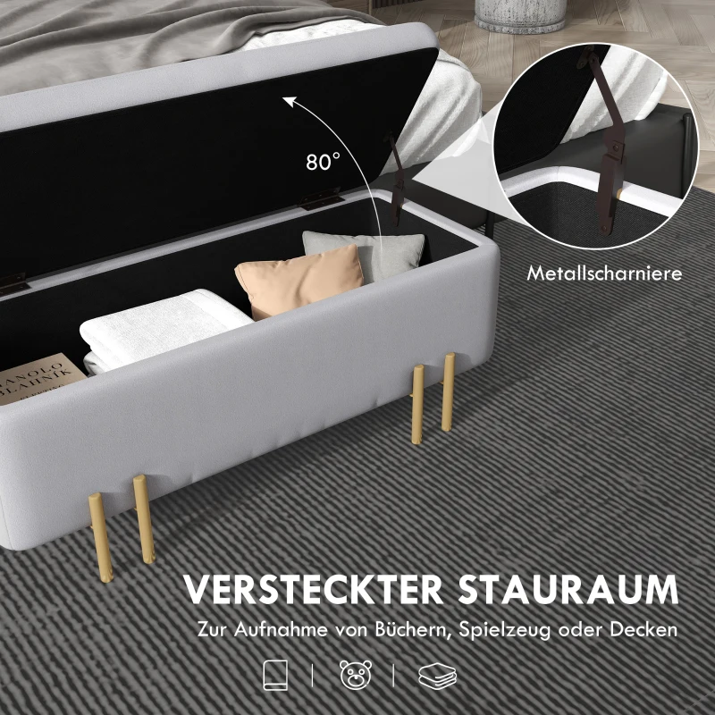 HOMCOM zitbank, gepolsterde bank met opbergruimte, kist, stof, metaal, schuimstof,lichtgrijs, 100 x 40 x 42 cm