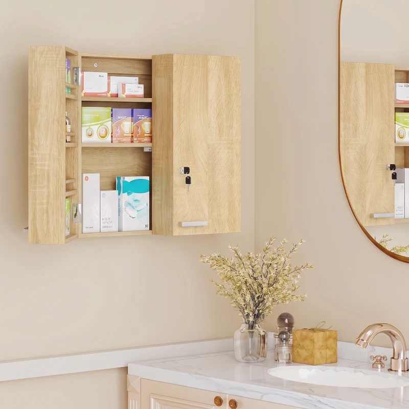 HOMCOM Armoire à pharmacie murale, armoire à médicaments avec double porte verrouillable 2 clés, 53x20x53cm, chêne