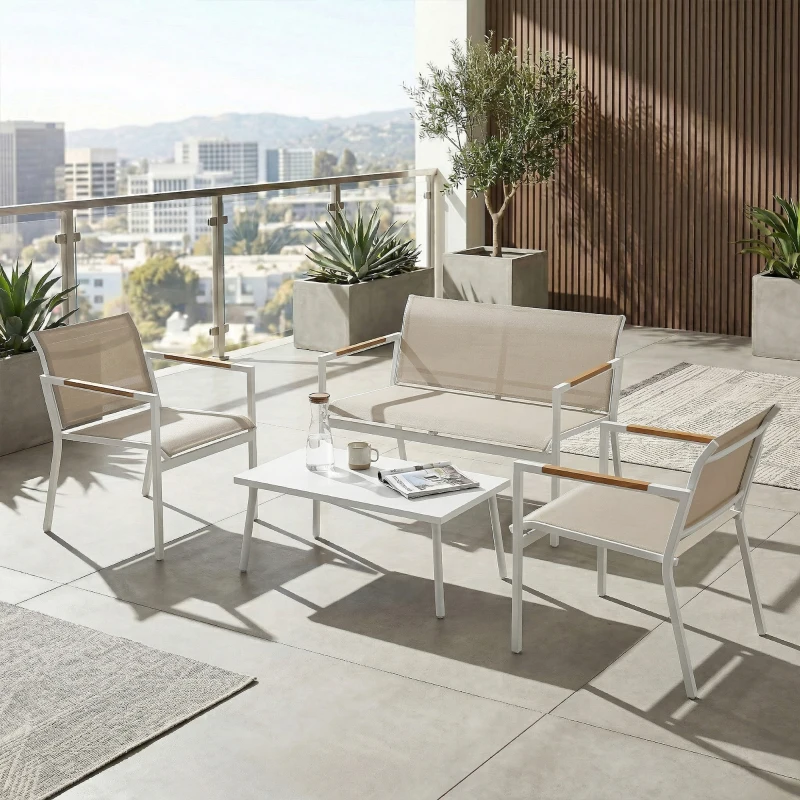 Outsunny 4 Seater Garden Furniture Set with Loveseat, Armchairs, Table, Metal Garden Sofa Set with Breathable Seats, Khaki