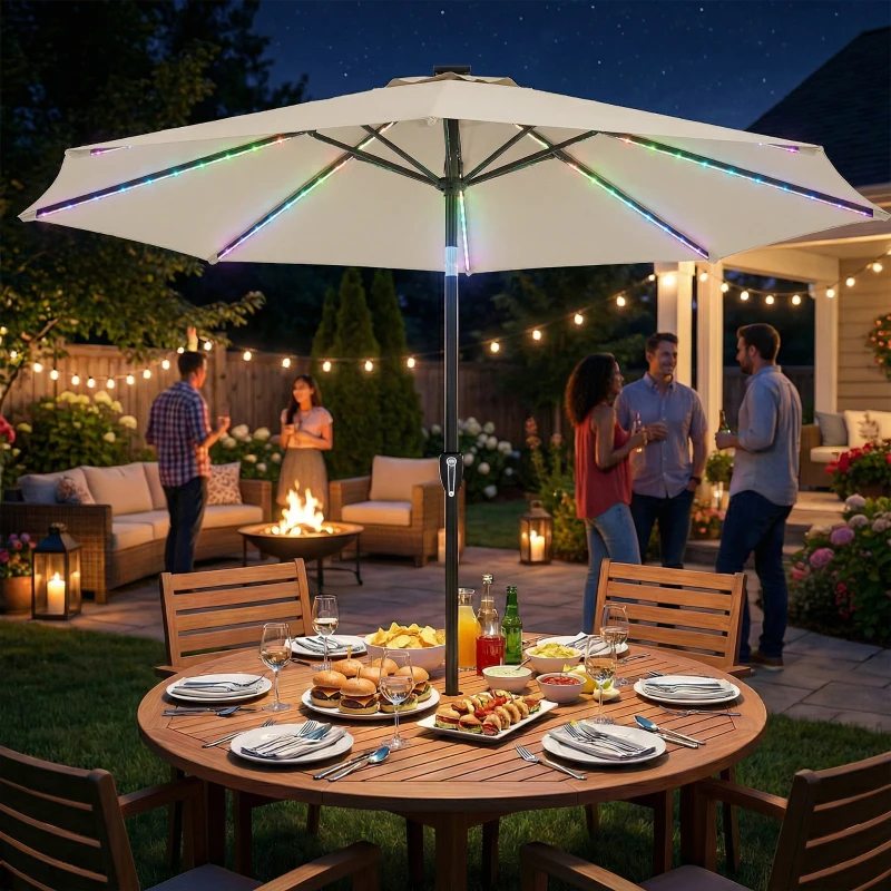 Outsunny 3 m Garden Parasol Umbrella with 112 Solar Powered LED Lights, Patio Umbrella with Crank Handle, Beige