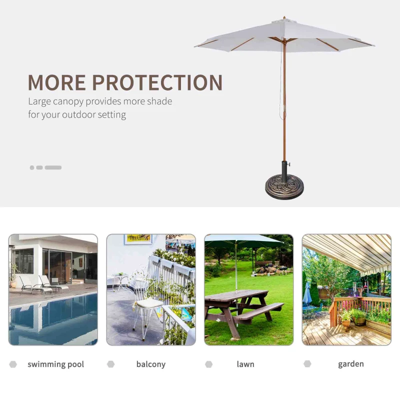 Outsunny 3 m Garden Parasol with Base, Pulley Operated Patio Umbrella, Wooden Parasol, Table Market Umbrella with Rope Pulley Mechanism and 8 Ribs, White