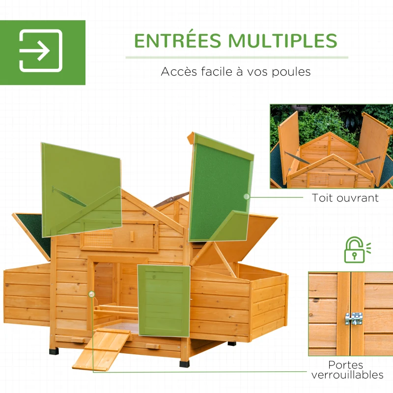 PawHut Poulailler en bois accueillant 4 poules, cage à poules avec pondoir, toit imperméable ouvrable, tiroir amovible, jaune