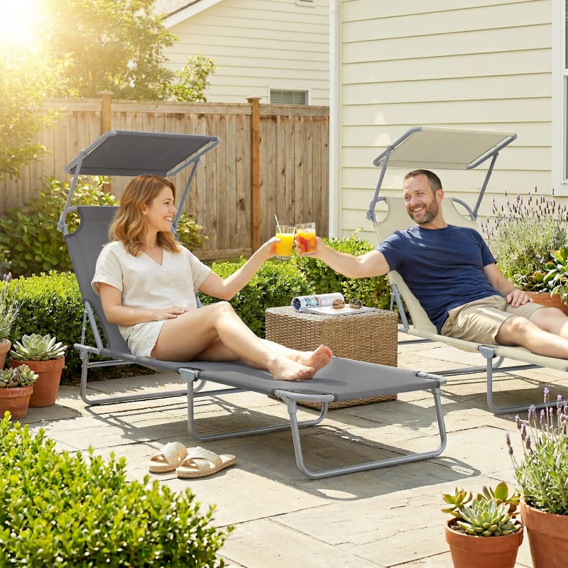Outsunny Transat Bain de Soleil Pliable Chaise Longue Pliante Grand Confort Dossier Inclinable Multi-positions et Pare-Soleil réglable Dim. 187L x 58l x 36H cm Gris