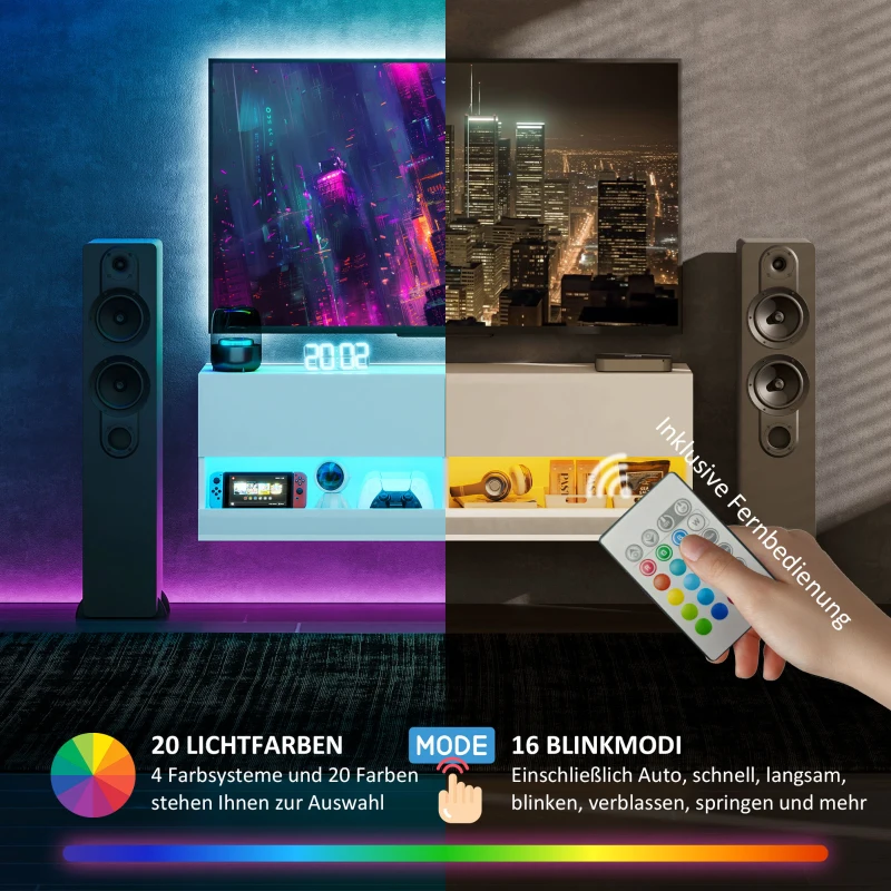 HOMCOM Hangende TV-kast met LED-verlichting, 16 knippermodi, Wandgemonteerd tv-meubel, Open schappen, 120 x 35 x 40,5 cm, Wit