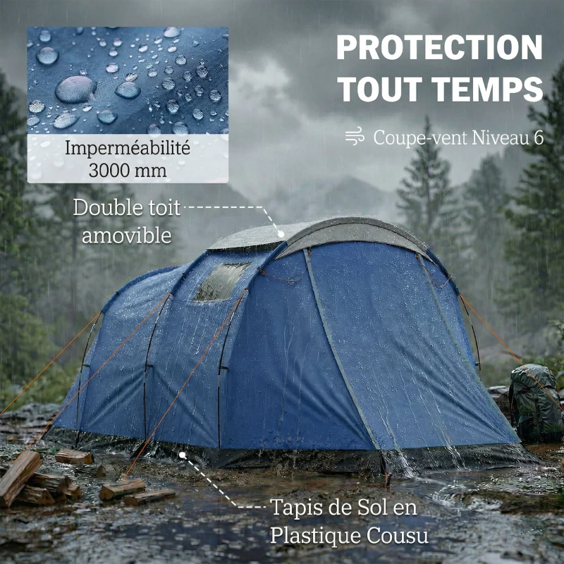 Outsunny Tente de Camping Tunnel pour 4 Personnes Imperméable 3000mm Double Couche Hauteur 190cm Bleu Foncé