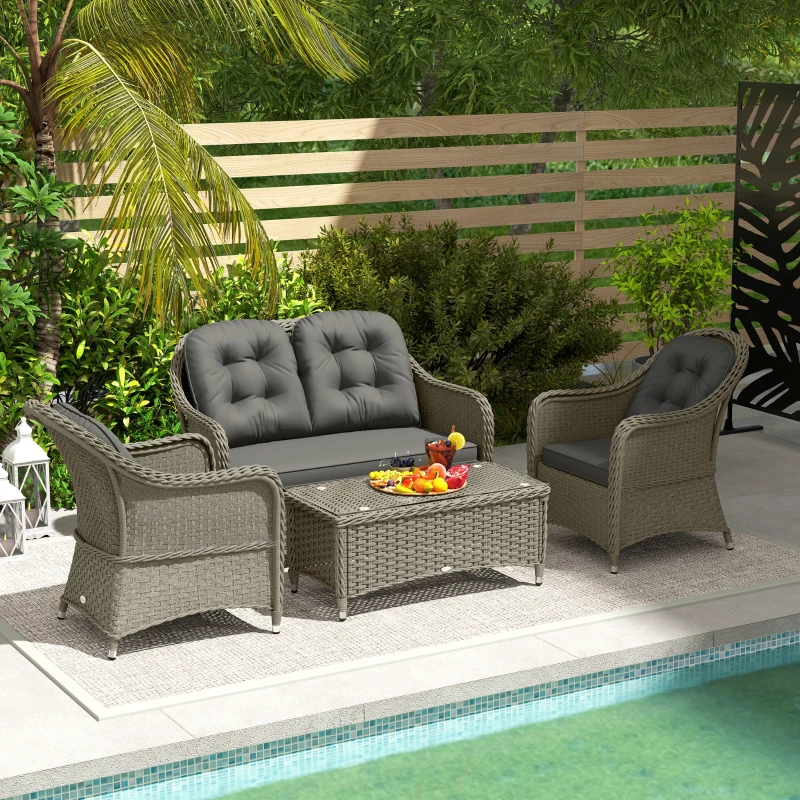 Outsunny Four-Piece Rattan Sofa Set, with Glass-Top Table - Light Grey