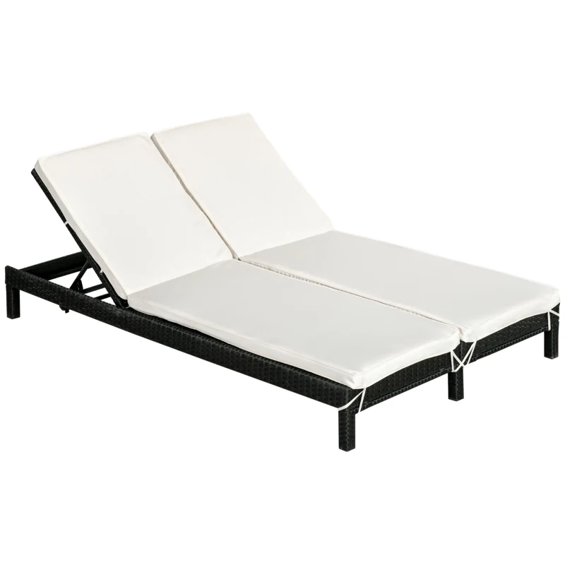 Outsunny Bain de soleil transat 2 places - grand confort - dossier inclinable multi-positions - matelas fournis crème - résine tressée 4 fils noir