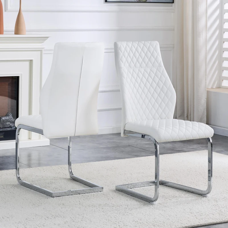 Chaise de salle à manger matelassée motif losange, dossier haut ergonomique, lot de 2, 43x63x100 cm, Blanc+Argenté