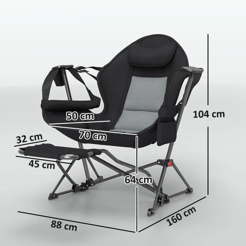 Outsunny 2 Mecedora Jardín Exterior con Reposapiés Reposacabezas Portavasos Bolsillos y Bolsa de Transporte Carga 120 kg Negro