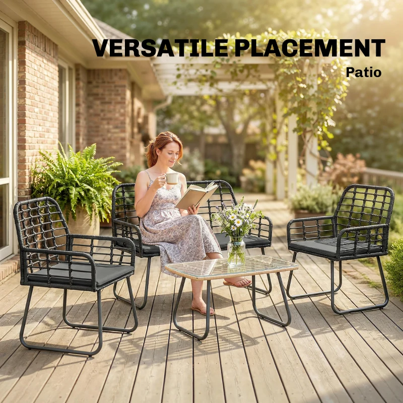 Outsunny 4 Piece Rattan Garden Furniture Set, Outdoor Patio Furniture with Loveseat, Armchairs and Coffee Table
