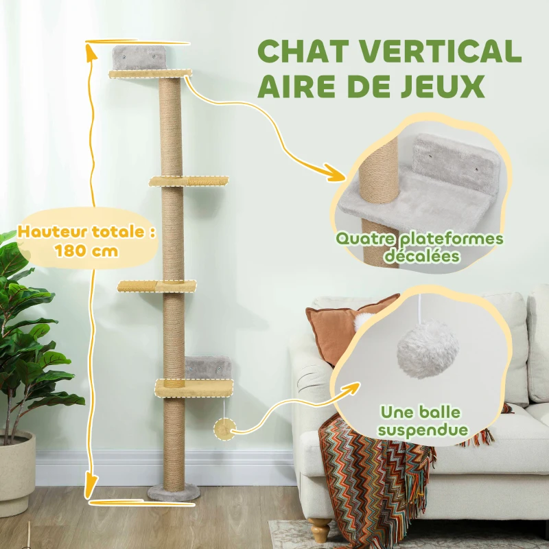 PawHut Étagères Murales pour Chat 180 cm, 4 Plateformes d'Escalade, Poteau à Griffer en Jute et Jouet Suspendu, Gris Clair