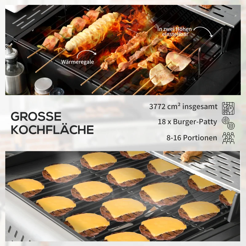 Outsunny Gasgrill BBQ-Grill, inclusief thermometer, warmhoudplaten, 161 x 54 x 103 cm, Zwart + Zilver