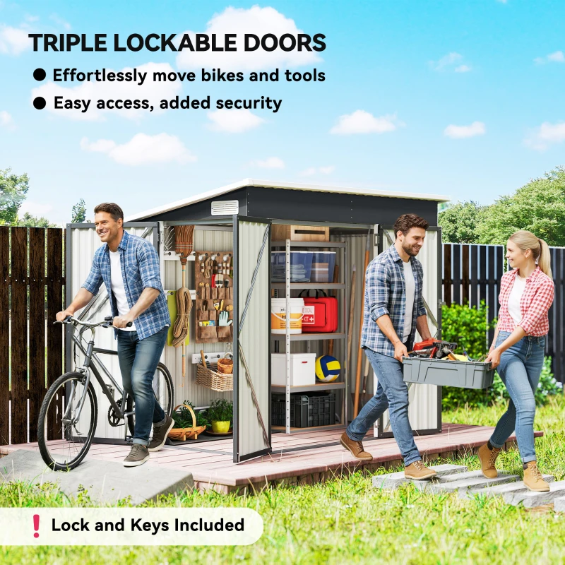 Outsunny 7.5 x 4.3ft Metal Garden Storage Shed, Waterproof Outdoor Shed with Triple Lockable Door, Gloves, Vents, Dark Grey