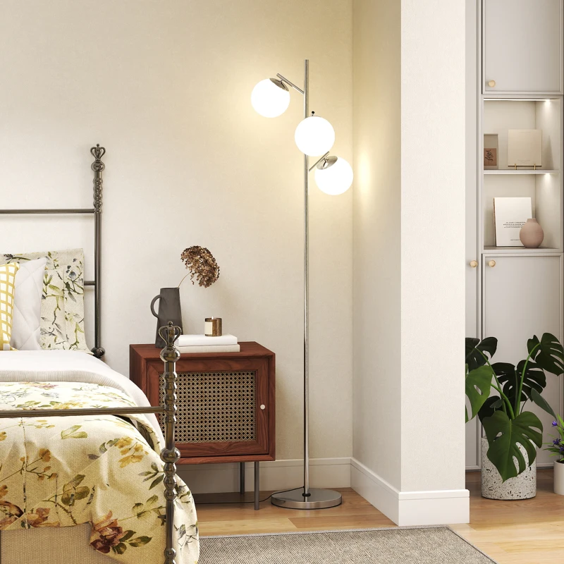 HOMCOM 3-Light Tree Floor Lamps for Living Room, Modern Standing Lamp for Bedroom with Globe Lampshade, 3000K/4000K/6000K Colour Temperatures, Steel Base, Silver Tone