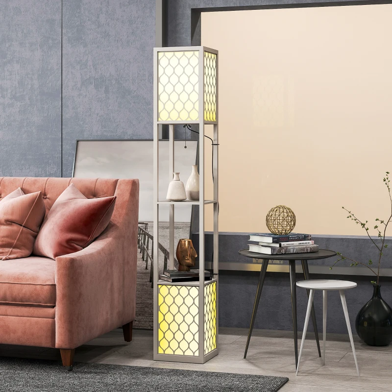 HOMCOM Vloerlamp in Modern Ontwerp, 2 Planken, Trekhaak Schakelaar, 26 cm x 26 cm x 156 cm, Zwart + Wit