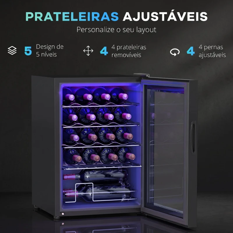 HOMCOM Frigorífico para Vinhos 20 Garrafas com Compressor, Porta Anti-UV, 5-18 °C, Painel Tátil, Luz LED, 39 dB, Preto