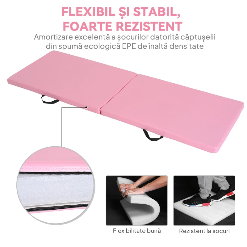 Covoraș de Gimnastică Pliabil HOMCOM, Covoraș Fitness Gros de 5 cm și Antiderapant, 180x60x5 cm, Roz