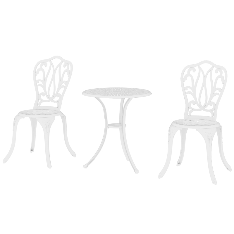 Outsunny 3 Piece Garden Bistro Set, Cast Aluminium Outdoor Furniture Set with Umbrella Hole for Balcony, Porch, Patio, White