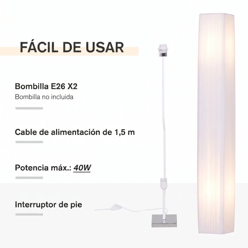 HOMCOM Lámpara de Pie con 2 Casquillos E27 Pantalla de Tela Interruptor de Pedal Base de Acero Inoxidable Blanco
