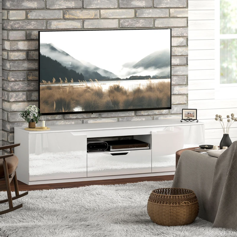HOMCOM TV-meubel, hoogglans, voor televisies tot 65", 3 vakken, lade, 160 x 38 x 43 cm, wit(m-7)