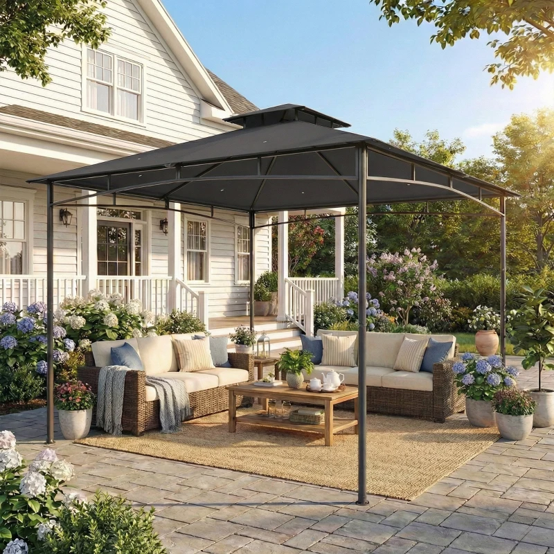 Outsunny Gazebo da Giardino 3x3 m con Doppio Tetto, in Metallo e Poliestere Grigio Scuro