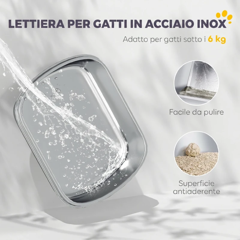 PawHut Lettiera Gatto Chiusa in Acciaio Inox con Coperchio Ribaltabile, Doppia Porta, Paletta, Grigio Chiaro