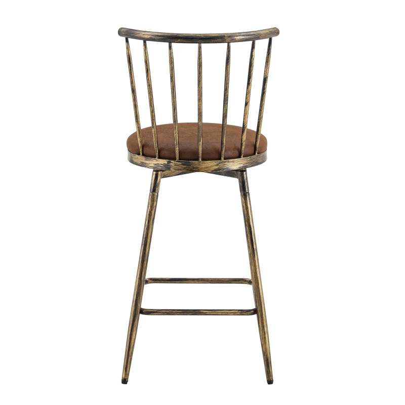 Tabouret de bar style Windsor en métal, assise ronde rembourrée, 39x39x96 cm, Marron
