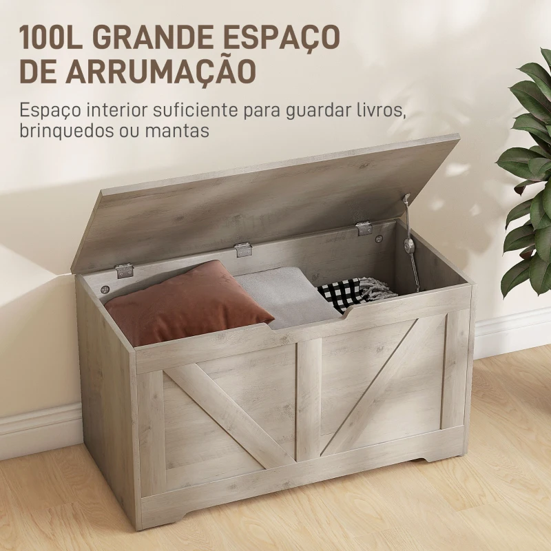 HOMCOM Baú de Armazenamento 100L Baú de Arrumação com Tampa e Dobradiça de Segurança 80x40x45 cm Cinzento Claro
