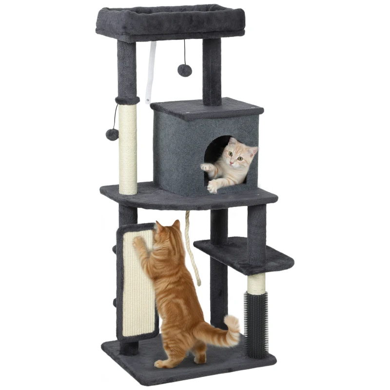 PawHut Arbre pour Chats Multiniveaux Haut 132 cm avec Maisonnette, Lit, Poteaux à Griffer, Brosse et Balle, Gris Foncé