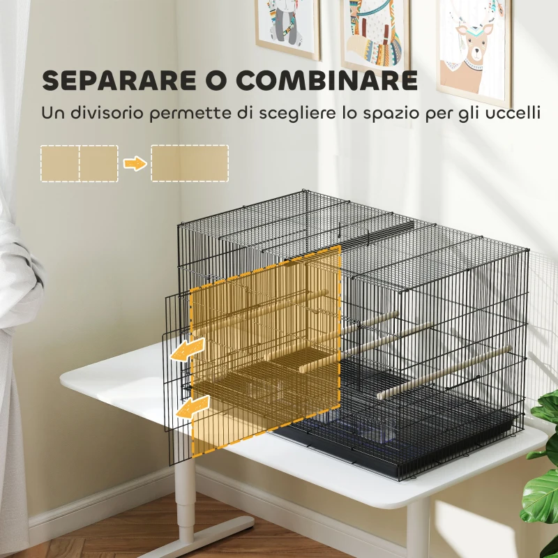 PawHut Gabbia per Uccelli con Divisorio e Ripiano Inferiore Portaoggetti, in Acciaio e PP, 94x57x57 cm, Nero