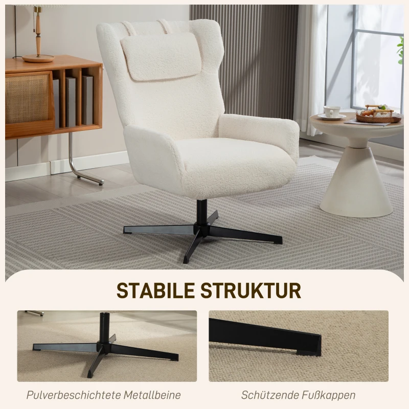HOMCOM Accentstoel, Polsterfauteuil met fleece-bekleding, Draaivoet, Metalen frame, Crème