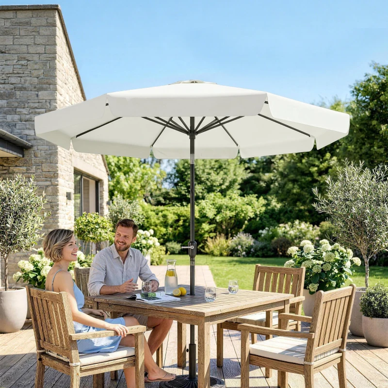 Outsunny 2.7m Patio Parasol Garden Umbrellas with Aluminium Pole, UPF 50+ Outdoor Sun Shade Table Umbrella with Tilt, Crank, 8 Ribs, Ruffles, White