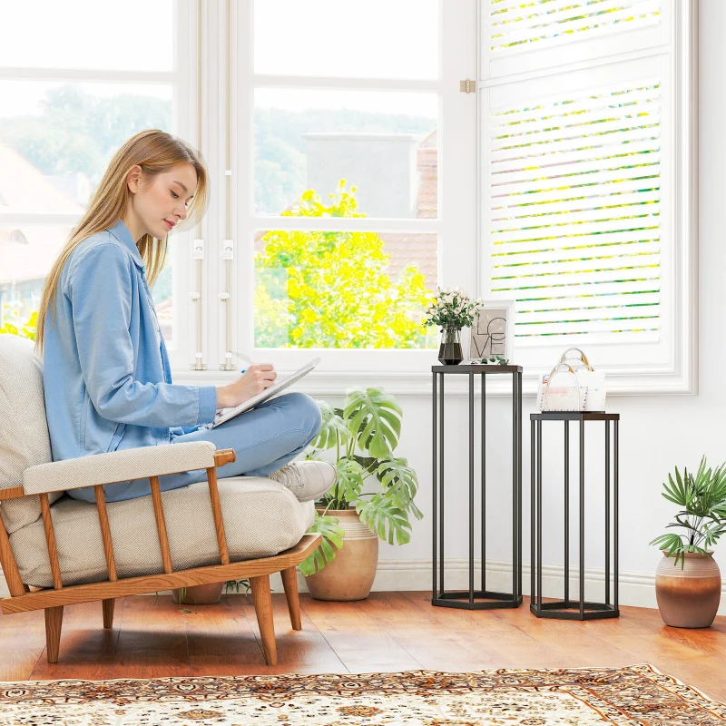 Outsunny Lot de 2 supports pour plantes, tabouret à fleurs hexagonal en métal, intérieur et extérieur, noir