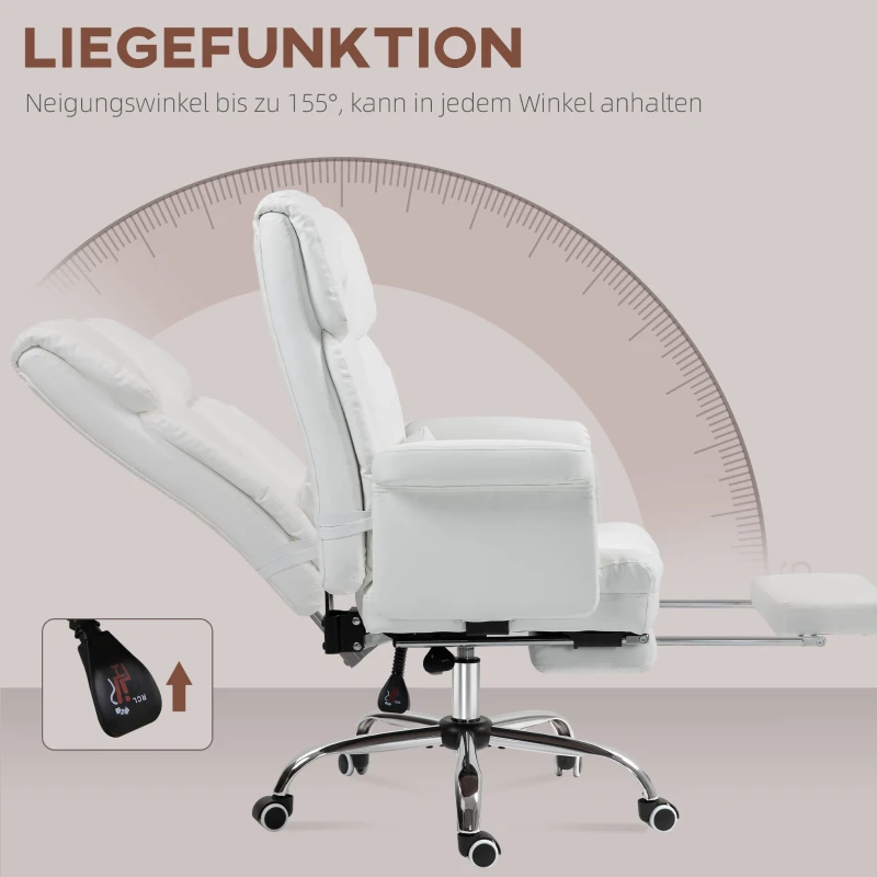 HOMCOM Ergonomische bureaustoel, in hoogte verstelbaar 48-56 cm, kantelbare rugleuning, voetensteun, wit(m-6)