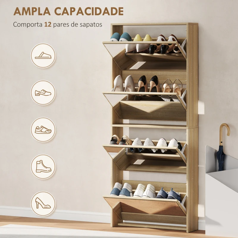 HOMCOM Sapateira Estreita com Espelho 4 Portas Abatíveis para 12 Pares de Sapatos para Espaços Reduzidos 63x17x146 cm Madeira