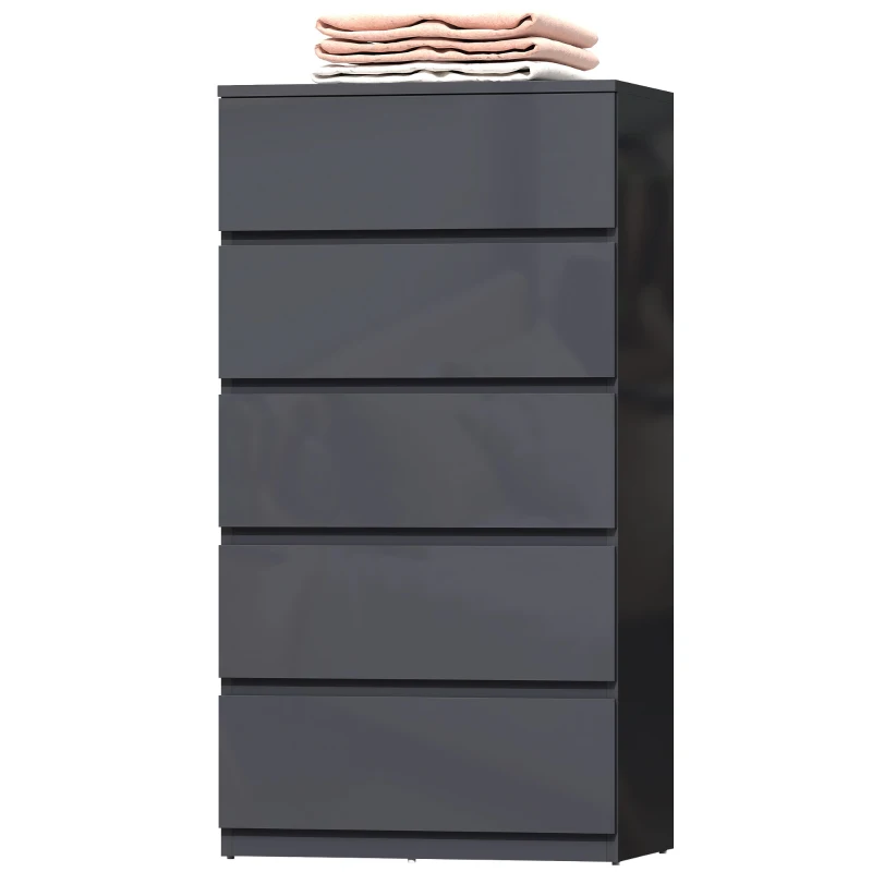 HOMCOM Commode 5 tiroirs, meuble de rangement à haute brillance, fermeture douce et silencieuse, 53 x 34 x 100 cm, gris