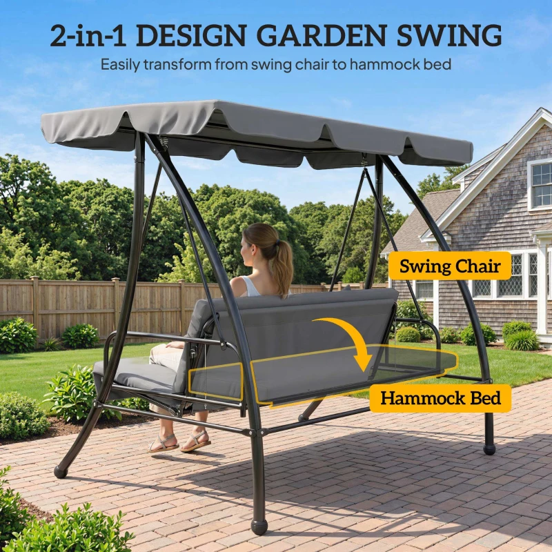 Outsunny Outdoor 2-in-1 Swing Chair Lounger 3 Seater Garden Swing Seat Bed Convertible Tilt Canopy W/ Cushion, Light Grey