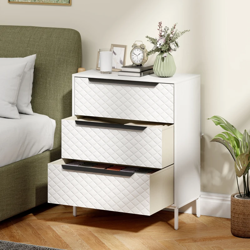 HOMCOM Chest of Drawers, Dresser with 3 Fabric Drawers and Aluminium Handles - White