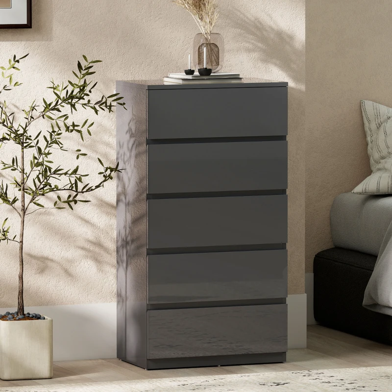 HOMCOM Commode 5 tiroirs, meuble de rangement à haute brillance, fermeture douce et silencieuse, 53 x 34 x 100 cm, gris