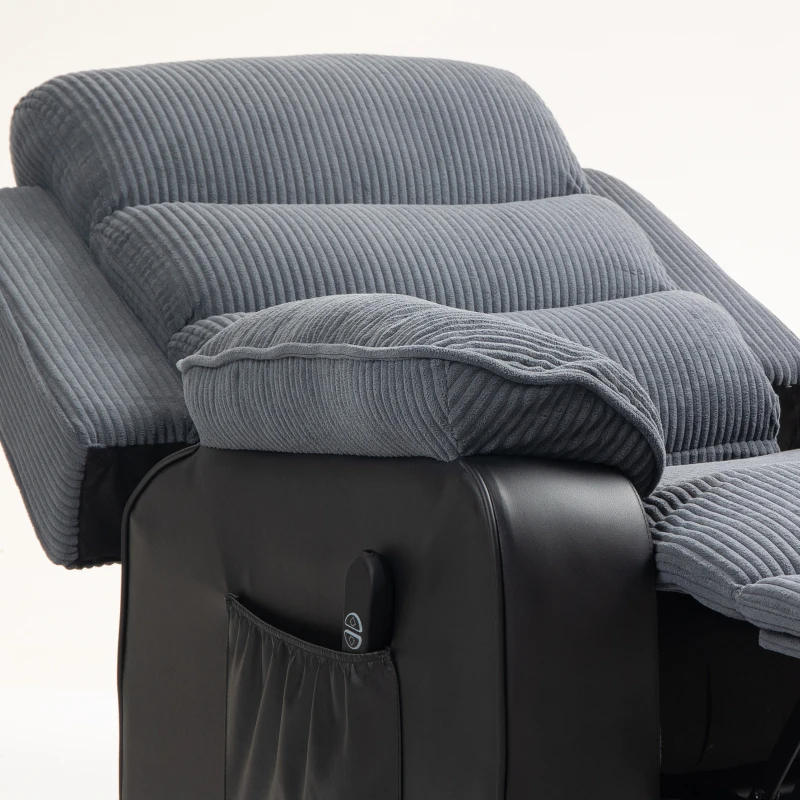HOMCOM Sta-op-stoel met zachte corduroybekleding, verstelbare fauteuil met afstandsbediening en zijvakken, donkergrijs