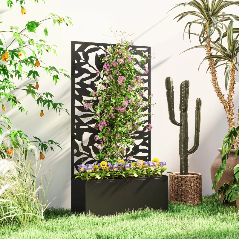 Outsunny Floreira Elevada com Painel de Privacidade de Folhas Decorativas de Metal e Opção de Montagem na Parede 61x23x113 cm Preto