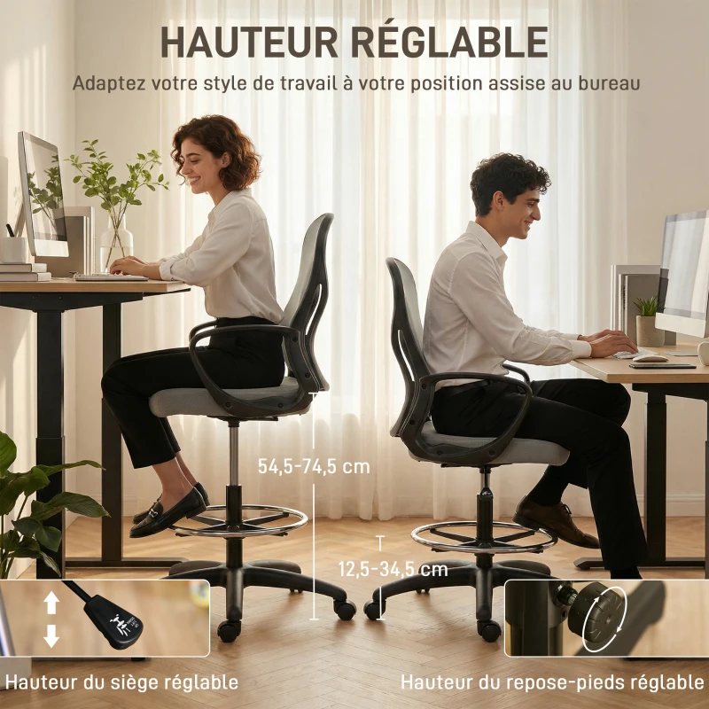 Vinsetto Chaise bureau ergonomique, fauteuil de bureau avec repose-pieds et accoudoirs, en maille, 59 x 65 x 123 cm, Gris